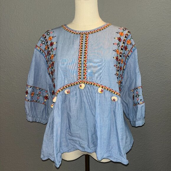 Zara Tops - ZARA Embroidered BOHO Peasant Top Blue Floral Pom Poms Beaded Puff Sleeves  XL